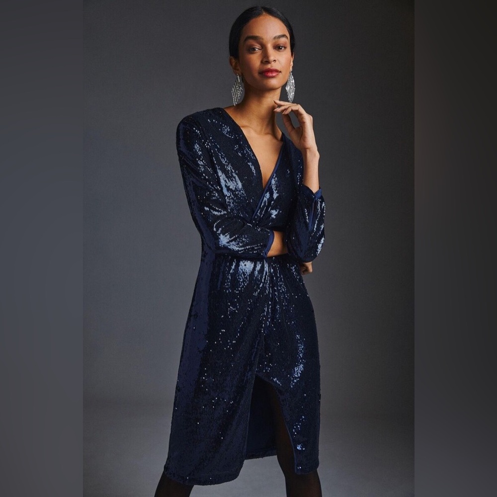 Anthropologie navy twist front sequin dress